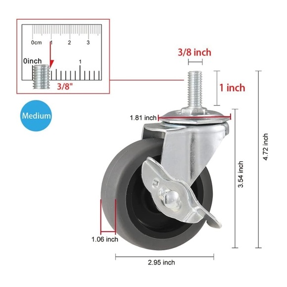 Caster Wheels, 3" Locking Swivel Casters Set of 4, 3/8"-16 x 1" - Picture 2 of 6